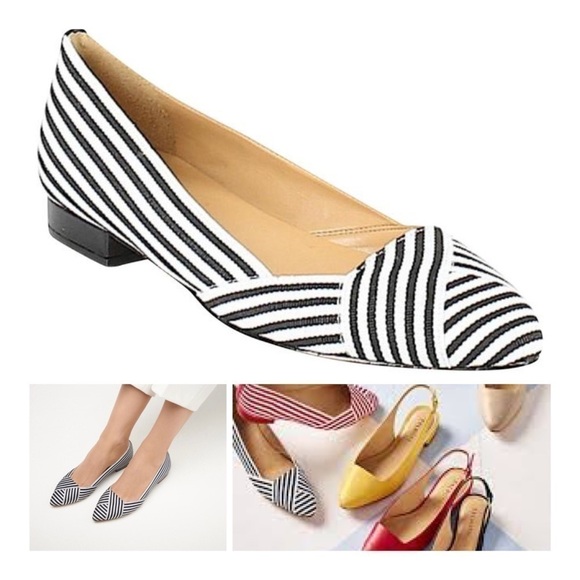 NWOT TALBOTS Black/White Striped Grosgrain Flats - Picture 1 of 8